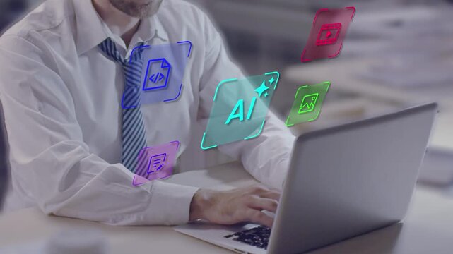 Businessman Leveraging AI Technology at Work Desk. A professional using advanced AI tools on a laptop. showcasing innovation in a modern office.