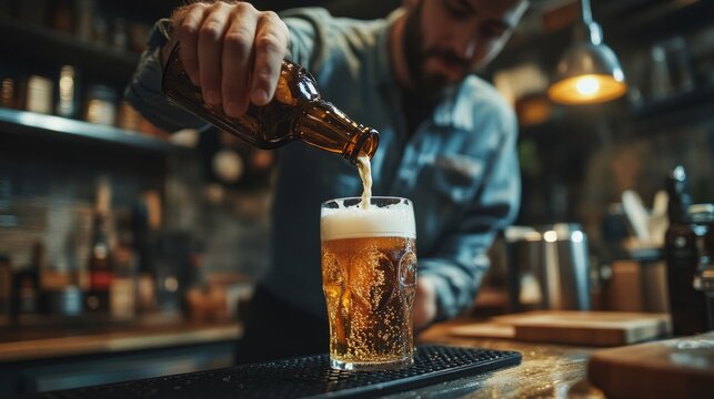 The barman carefully pours the frothy drink into a faceted glass, providing an atmospheric backdrop for the venue&rsquo;s menu or articles on beer culture.