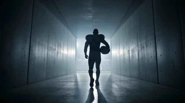 Silhouette of an American football player walking through a concrete tunnel toward bright stadium lights, athlete entering the arena for a professional sports competition