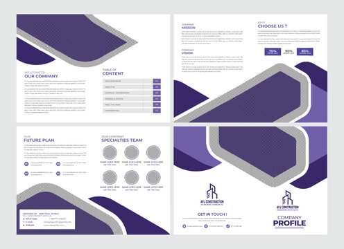 Purple construction company profile brochure template layout