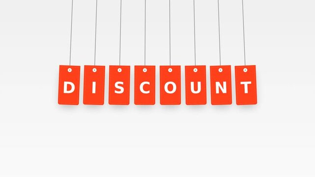 Orange tags with the word DISCOUNT written in white letters hanging on strings against a white background.