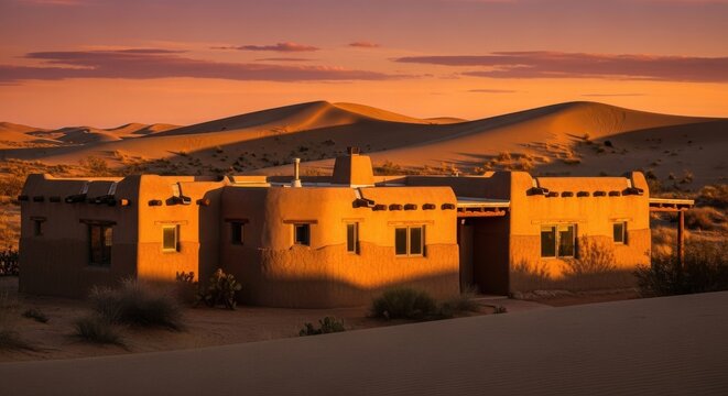 Traditional Adobe Dwelling With Rounded Corners Bathed in Golden Sunset Light Amidst Desert Dunes
