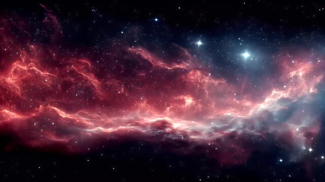 Space universe exploration, fantasy, mysterious. A vivid depiction of a cosmic scene depicts a radiant nebula in deep space. The nebula is a mesmerizing blend of fiery reds, oranges, and purples.