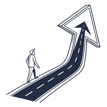 A minimalist vector illustration of a man walking on a road that morphs into an upward-pointing arrow symbolizing growth and progress in a simple and stylized flat design