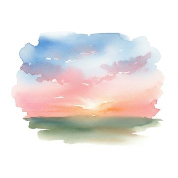 Watercolor painting of a soft pastel sunset over a calm horizon