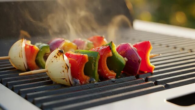 Vibrant Skewers on the Grill: Colorful vegetable skewers sizzle on a hot grill, emitting inviting aromas and promising a delightful culinary experience.