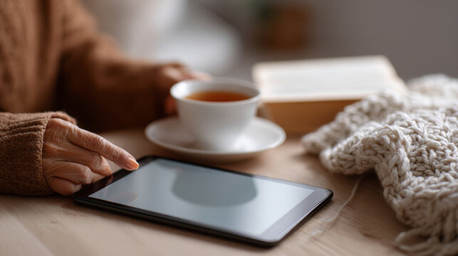 Cozy scene with tablet and tea cup