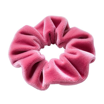 Isolated vibrant pink plush scrunchie, soft fuzzy hair tie accessory for fashion and styling.
