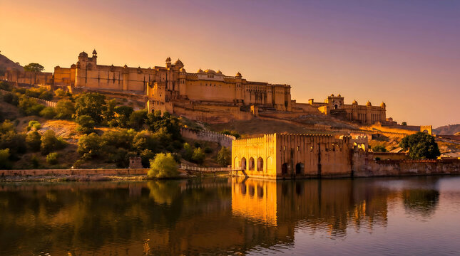 Amber fort reflected in lake at sunset with warm golden light