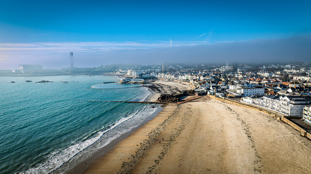 Aerial View of Havre des Pas Beach with Low Cloud and Coastal Town | St Helier Jersey Channel Islands