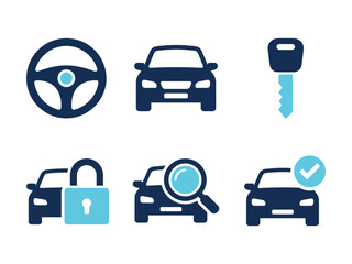 Set of car icons including steering wheel car key lock magnifying glass and check mark on white background © Navid