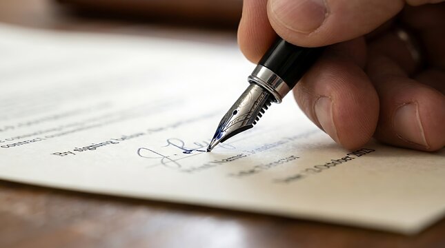 Close-up of a hand signing an official document with a classic fountain pen, symbolizing legal commitment, agreement, and important business transactions