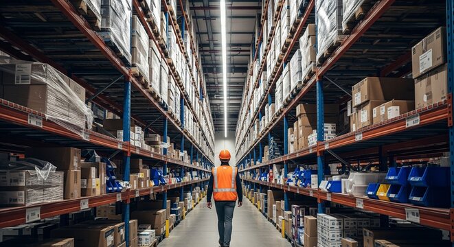 Warehouse worker in safety vest and hard hat walks down aisle between tall shelves filled with boxes