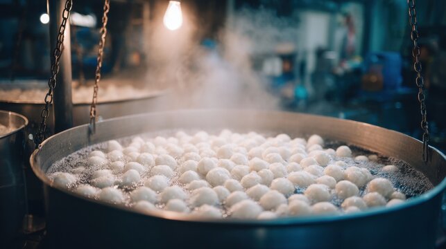 Close-up of numerous white fishballs boiling and steaming in a large pot of hot liquid