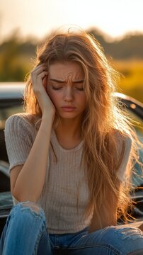 A dejected young woman sits by her car at sunset, illustrating the problem of breaking down on the road and providing an emotional backdrop for articles about roadside assistance  