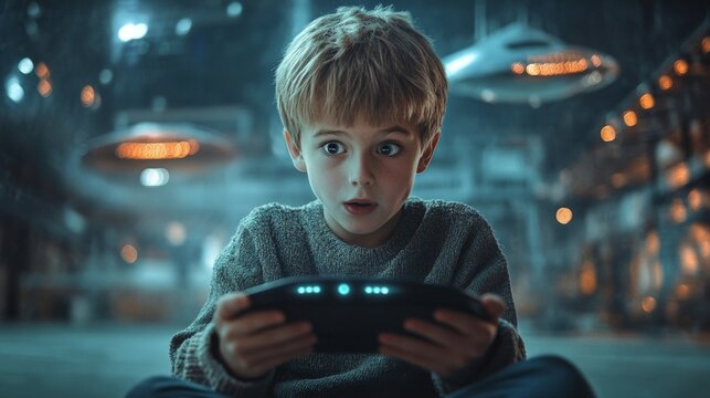 A boy holding a controller in a futuristic city provides a captivating backdrop for video game advertising and a discussion of the impact of technology on children&rsquo;s imaginations.
