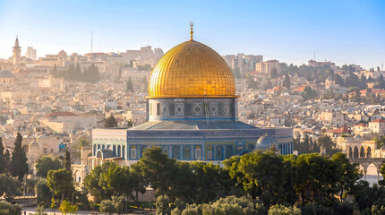 Dome of the Rock in Jerusalem with golden dome and tiled facade © erna