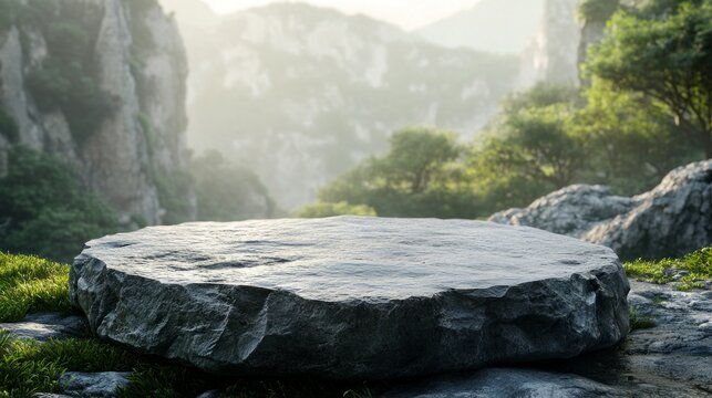 A flat stone plinth in a mountain gorge provides the perfect backdrop for displaying products and creating an atmosphere of natural grandeur.