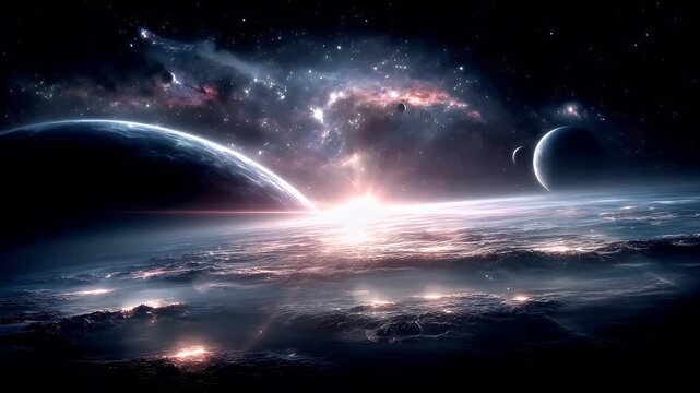 Space universe exploration, fantasy, mysterious. A vivid, cosmic depiction of a celestial scene. The main subject is a large, flat planet with a radiant glow emanating from its surface.