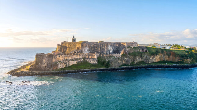 Castillo San Felipe del Morro fortress on cliff overlooking blue ocean in San Juan Puerto Rico