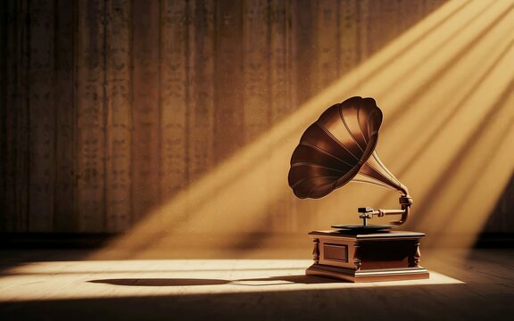 A record player stands on the floor in an empty room. A photorealistic illustration of vintage equipment