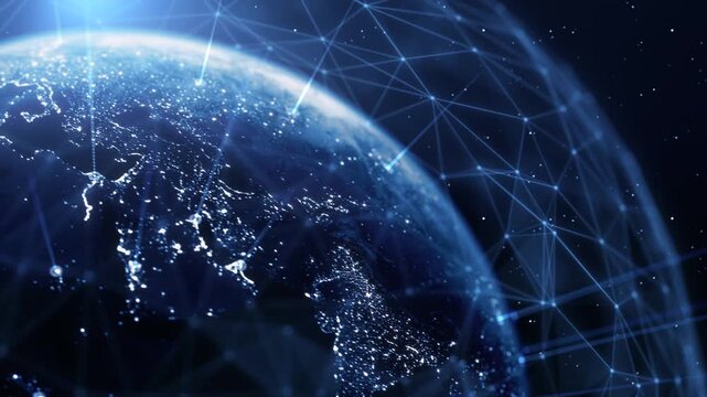 Luminous data arcs over the night side of Earth. Global AI infrastructure, compute clusters and model training