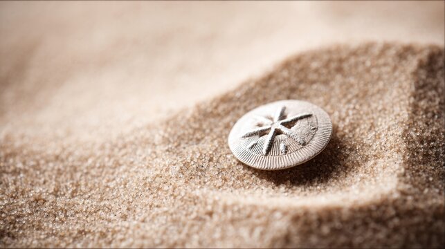 A single perfectly formed sand dollar resting on textured beach sand