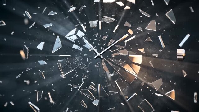 Clock face shattering into glass fragments with bright light rays on dark background, representing time pressure and deadlines for business and conceptual urgency