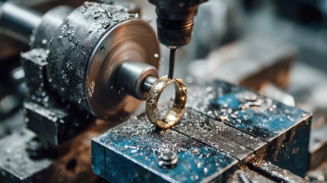 Artisan meticulously shaping a detailed gold ring on a precision metalworking machine in a workshop setting.