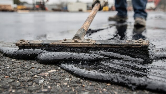 Medium shot featuring a worker manually smoothing sealcoat layers with a squeegee sharp on the tools movement and darkened fresh coating while the background fades out.