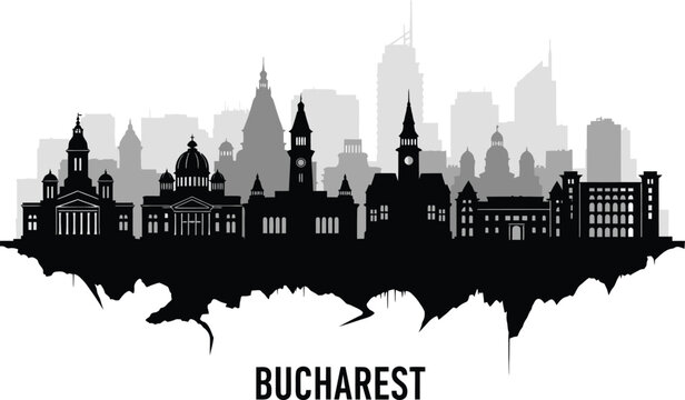 Bucharest skyline silhouette with buildings and city name