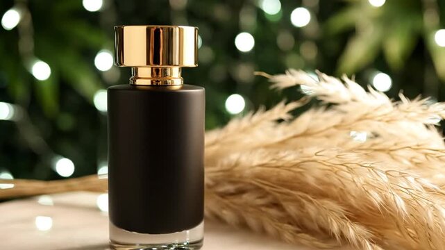Elegant black perfume bottle with golden cap and pampas grass