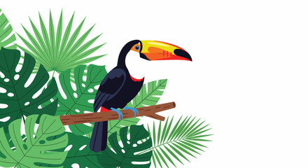 Naklejka premium Illustration of a colorful toucan perched on a branch surrounded by lush green tropical leaves on a white background with vibrant hues.