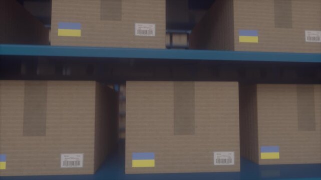 Cardboard Boxes With Ukrainian Flags On Warehouse Shelves