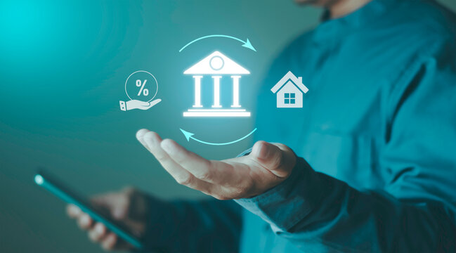 lending, borrowing, interest rate management, real estate finance and banking transaction system. Banking and loan interest cycle concept with financial system and mortgage process