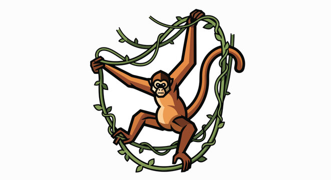 A cartoon monkey hanging from vines with its arms and tail in a playful pose against a white background.