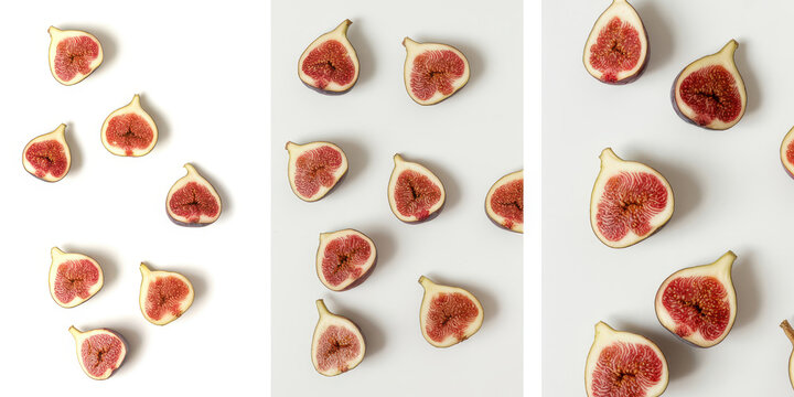 Fresh sliced fig fruit halves arranged in a pattern on a plain white background, view