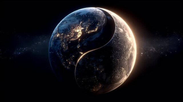 Yin Yang, Chinese philosophy, harmony, balance, Taoism. A digital artwork depicts a celestial scene. The main subject is the Earth, illuminated by a warm, golden light emanating from its right side.