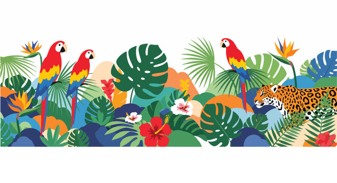 Colorful illustration of tropical jungle scene with parrots, leopard, and lush greenery on a white background.