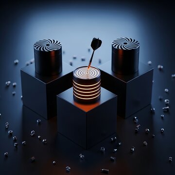 Dart board with dart stuck in it on black boxes with metal bolts around  illuminated target with two black cylinders on top of boxes