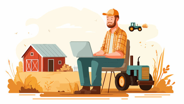Farmer sitting on a tractor while using a laptop to manage farm operations near a red barn structure.