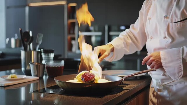 Chef cooking gourmet food in a modern kitchen, flambeing dessert with fire in a pan on a black countertop