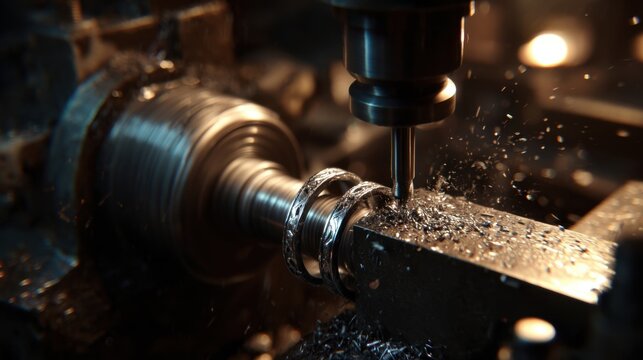 Master craftsman meticulously shaping a raw silver ring using precision machinery in a detailed workshop.