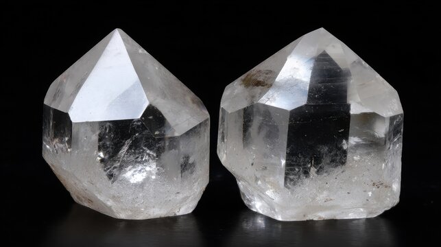 Two large, flawless clear quartz crystals with sharp facets and natural inclusions on a dark background, showcasing their pristine beauty