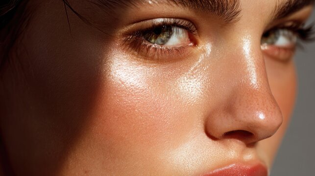 Close up portrait of a womans face with highlighted skin in natural light