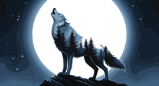 Majestic howling wolf silhouette against full moon night sky featuring double exposure pine forest evergreen trees mountain peak wilderness landscape digital art vector illustration
