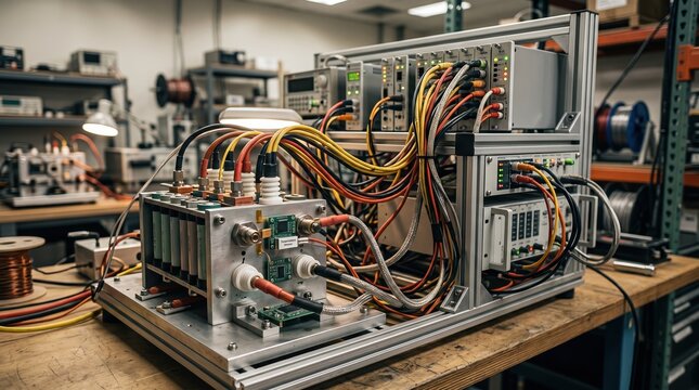 Closeup medium shot of an endurance cell test bench where AIdriven automation finetunes stress levels while continuously logging endurance metrics for reliability testing.