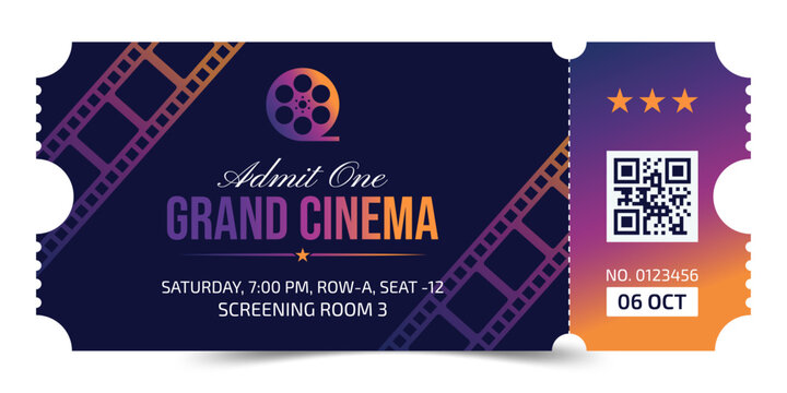 Movie ticket vector design template with film strip