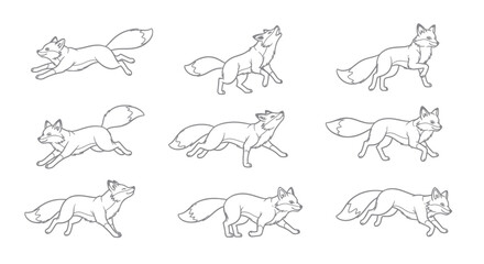 Fototapeta premium Fox Line Art Illustration Set with Various Poses on White Background