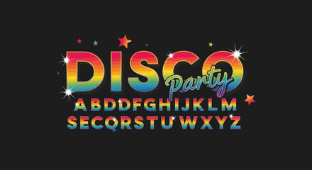 Obraz premium Disco Party Retro Alphabet with Rainbow Letters and Stars
